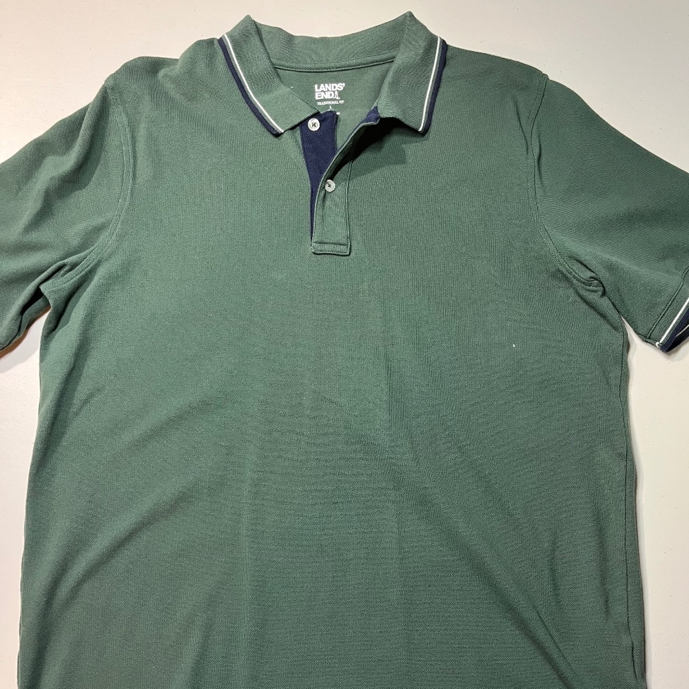 Green w/Blue Trim Lands’ End Men’s Polo Shirt, Size L, 97% Cotton, 3% Spandex